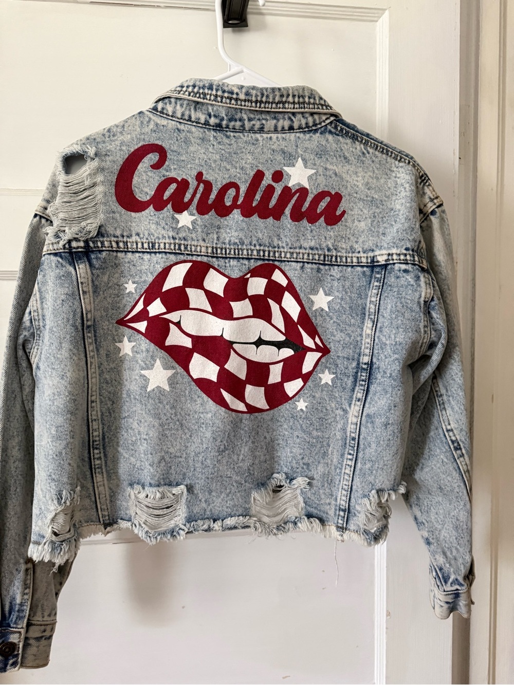 Rivalry Threads Light Wash Denim Jacket with Maroon & White Graphic